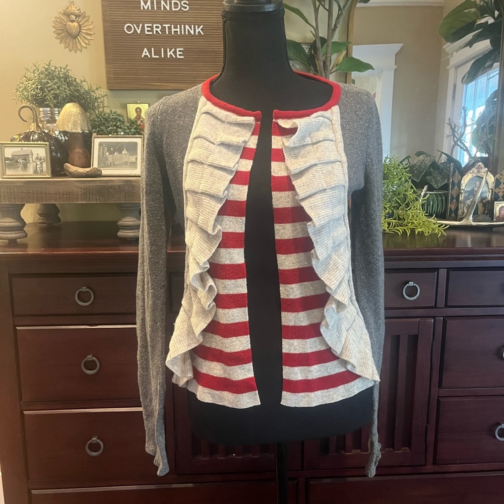 Anthropologie Sparrow Gray and Red Striped Cardigan Sweater Ruffle Detail Sz XS